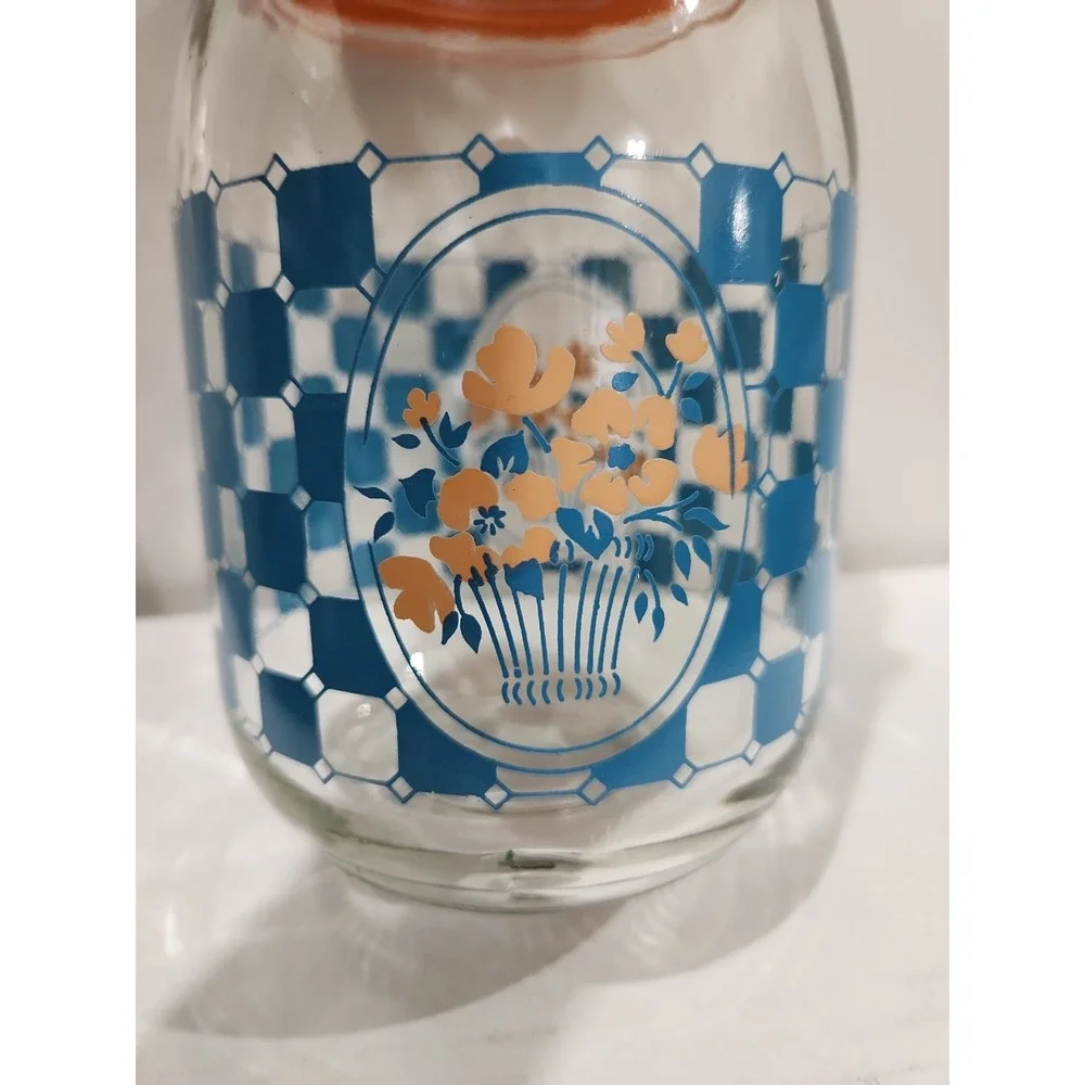 Vintage Carlton Glass Jar With Blue Checkered Pattern And Floral Design‎